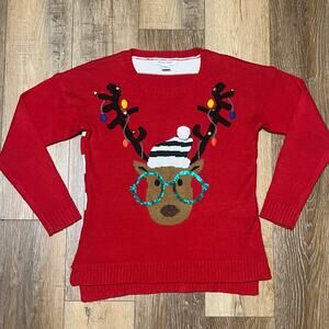 Rudolph Reindeer Sparkly Jingle Bell Ugly Christmas Sweater Womens M Red Holiday